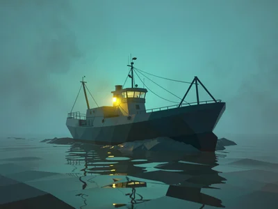 Triangular faceted fishing trawler chugging through a teal mist with a single ca
