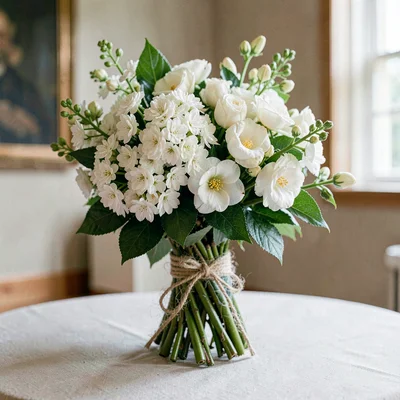 Botanical of a bouquet of jasmine and gardenia tied with twine, museum daylight