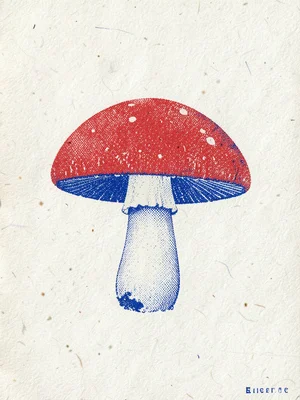 A single mushroom in red and blue riso, the cap and stem misregistered by a few 