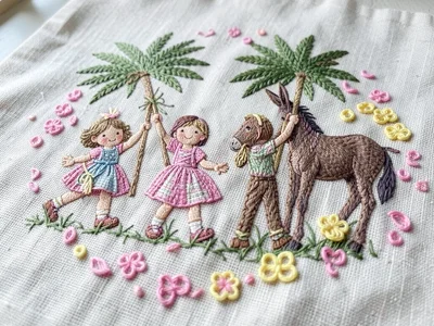 A village Easter parade stitched in cross-stitch and crewelwork — children carry