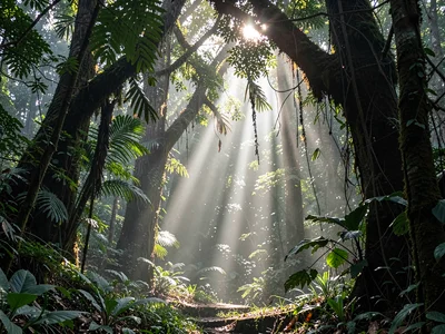 Morning light beam through mist-filled understory