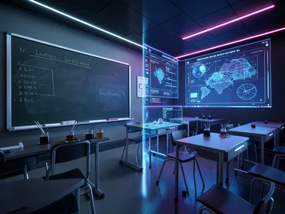 Classroom — left half chalkboard and inkwells, right half holographic displays
