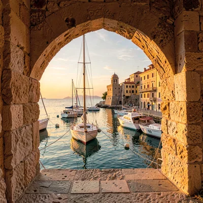 Adriatic limestone warmth, Dubrovnik honey stone, Stone archway framing harbor v