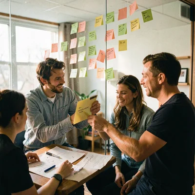 Documentary photograph, Team retrospective with sticky notes on glass wall, coll