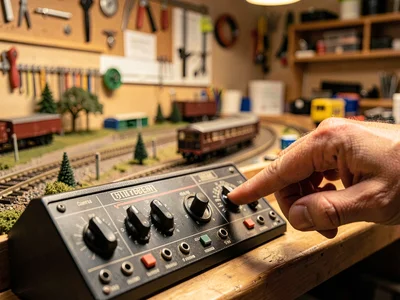 Control panel of toggle switches and dials, hand reaching for a turnout control,