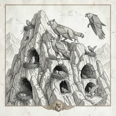 A Greek mythological griffin-aerie plan high in mountain crags with eyrie nests,