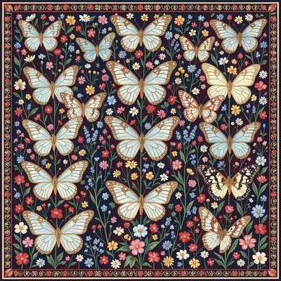 Butterfly Garden on Dark Red Millefleur