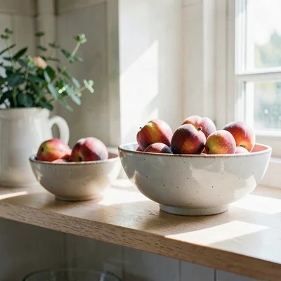 Vertical of a sunny pantry shelf with bowls of fresh stone fruit