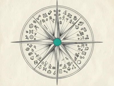 Ornate compass-rose-style diagram with rays radiating outward into clusters of s