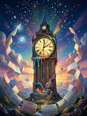 A clock tower at 11:59 with the minute hand approaching midnight, the clock face