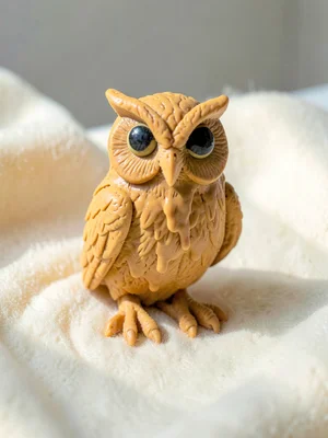 Wakened ochre owl with thumb-pressed eyes and fingernail-feathered breast, on so