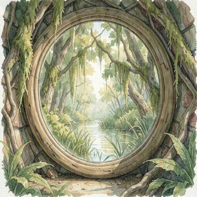 A still painterly backwater pocket holds a perfect mirror of overhanging moss in