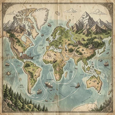 Fantasy map illustration, a world map with multiple continents, ocean currents, 