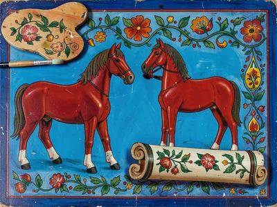 Folk painting workshop — brush, palette, unpainted wooden horse beside finished 