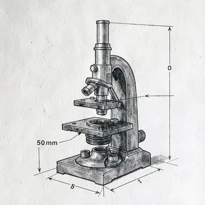 Cutaway diagram of a microscope tower labelled with dimensional arrows, slate in