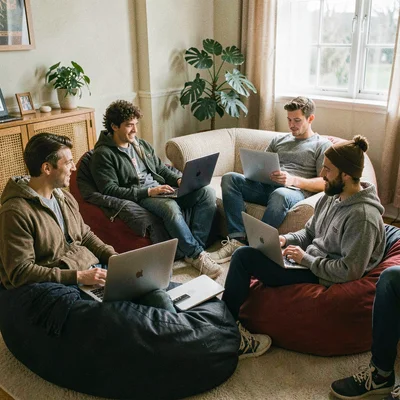 Documentary photograph, Young team taking break on bean bags, laptops still open