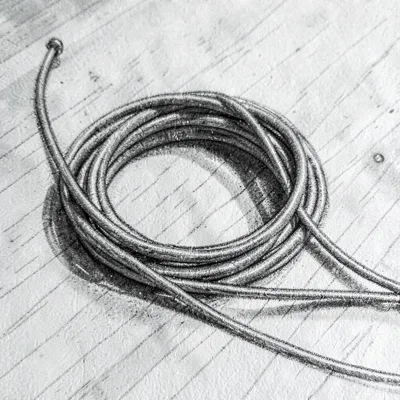 Charcoal study of a single coil of catgut string on a wooden surface