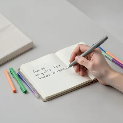 Hands writing in a notebook with colored pens and highlighters, study session