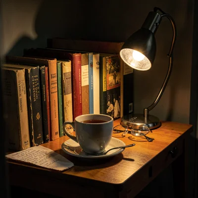 Pale ceramic tea cup with amber tea in lamp light