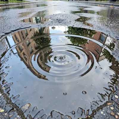 Rain droplets impacting a puddle surface, concentric ripple circles overlapping