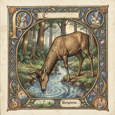 A stag drinking from a forest stream