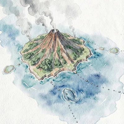An island archipelago drawn from a high oblique angle with a single volcanic pea
