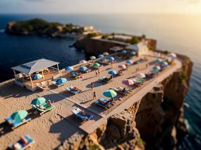Beach resort from cliff above, tilt-shift, tiny umbrellas and swimmers, toy-like