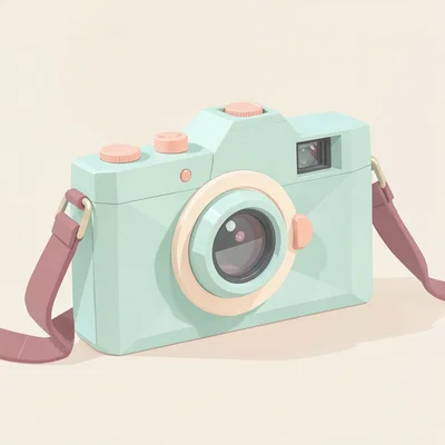 Vintage mint-green faceted lowpoly camera with peach shutter button and dusty-pi