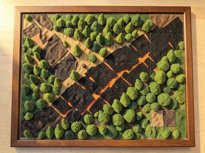 A wildfire scar on a landscape — charred black felt patches amid green cotton fo