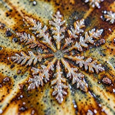 Crystalline glaze macro, zinc silicate crystal formation growing outward from nu