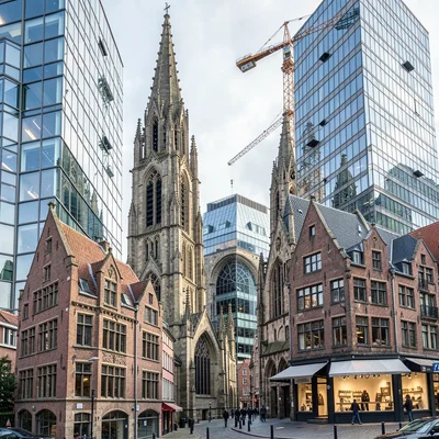 Medieval-modern temporal collision, Ghent layers, Gothic church spire framed by 