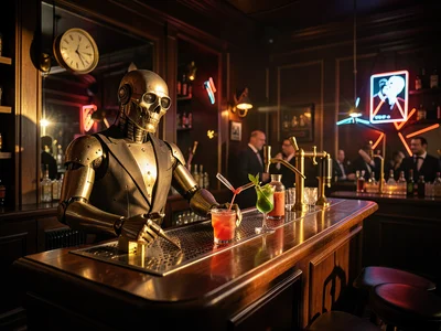 1920s speakeasy with robot bartender, brass fixtures, neon cocktails