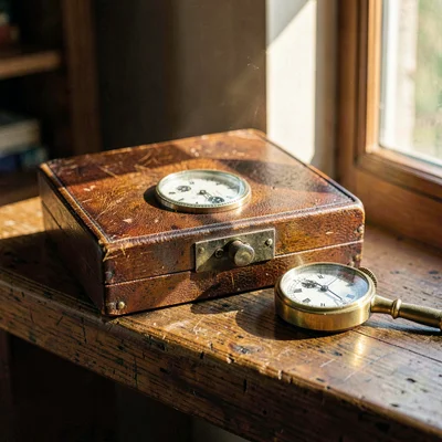 Cozy warm-light still life of a vintage chronograph beside a brass loupe on a wo