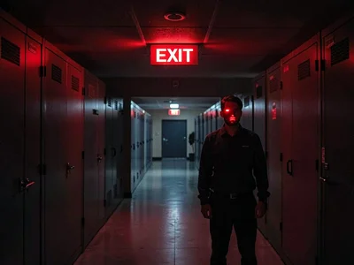Worker in server room, EXIT sign red on face, the data center escape route