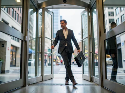 Business executive frozen mid-stride crossing a glass revolving door, the city r