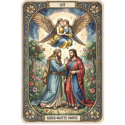 Tarot card illustration, The Lovers beneath angel, man and woman in garden , sym