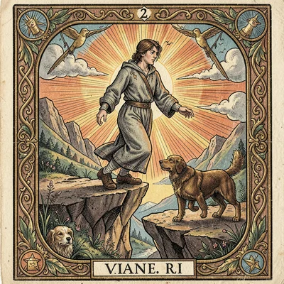 Tarot card illustration, The Fool stepping off cliff edge, dog at heels, sun ris