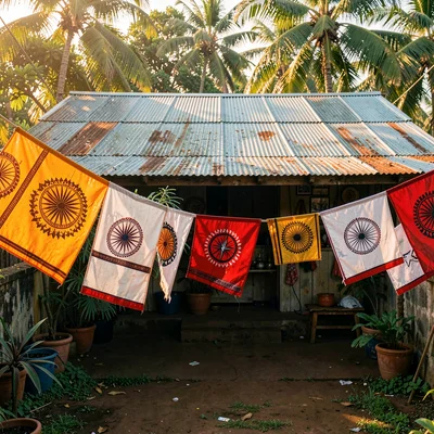 Vivid photograph with Trinidadian cultural fusion aesthetic, Hindu jhandi flags 