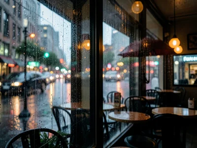 A café interior looking out at rain, the warm interior reflected in the glass ov