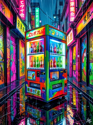 Japanese vending machine dispensing bottled emotions, neon alley, rain, reflecti