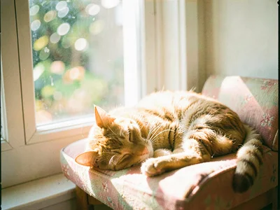 Cat sleeping in a sunny window seat