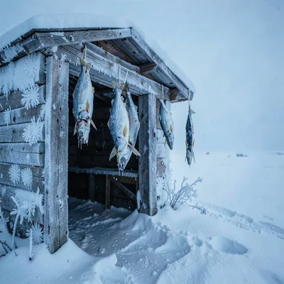 Arctic conditions photograph, extreme cold environment, Dried fish hanging in th