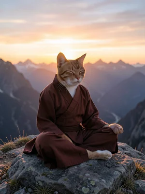 meditating on a mountaintop at sunrise, tiny monk robes, impossibly serene