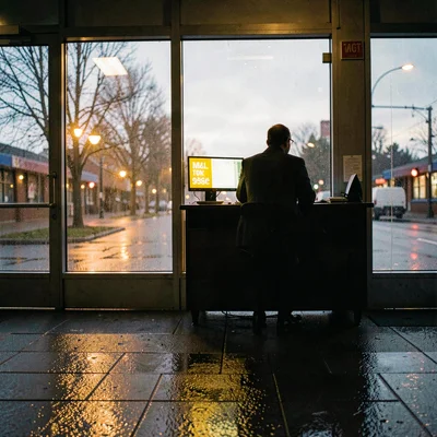 Twilight station window from outside, warm yellow on-air glow on wet pavement, a