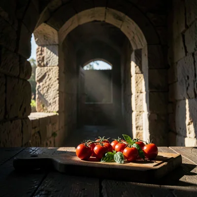 Dramatic natural light streaming through stone openings, deep chiaroscuro shadow