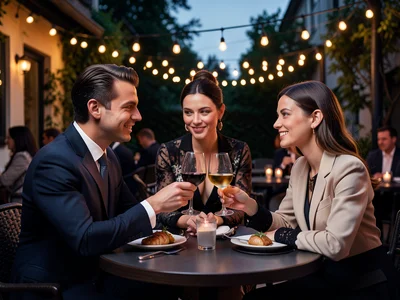 Friends clinking glasses at outdoor restaurant, string lights, spring evening