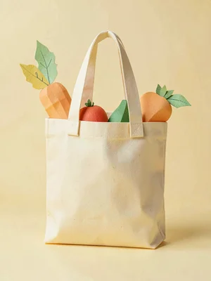 Papercraft motif of a paper-cut canvas tote with paper produce peeking out, butt