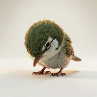 Tiny sparrow-friend bowing forward with beak tipped down toward an invisible off