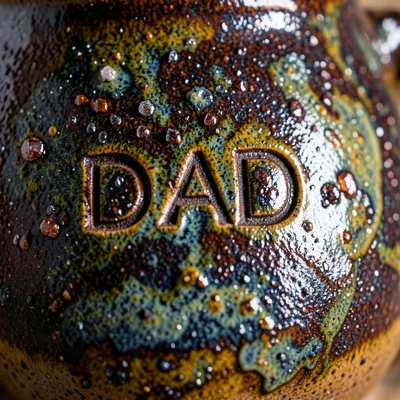 Sturdy stoneware mug with iron-rich dark glaze, "DAD" pressed into clay