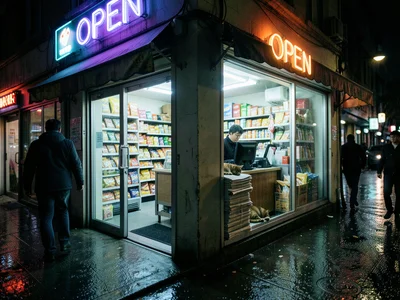 A corner bodega at midnight, the interior visible through the open door and plat